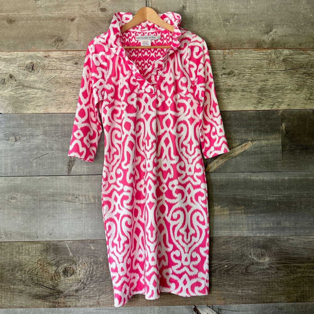 Gretchen Scott Ruffle Neck 3/4 Sleeve Shift Dress L Arabesque Pink Resort Preppy